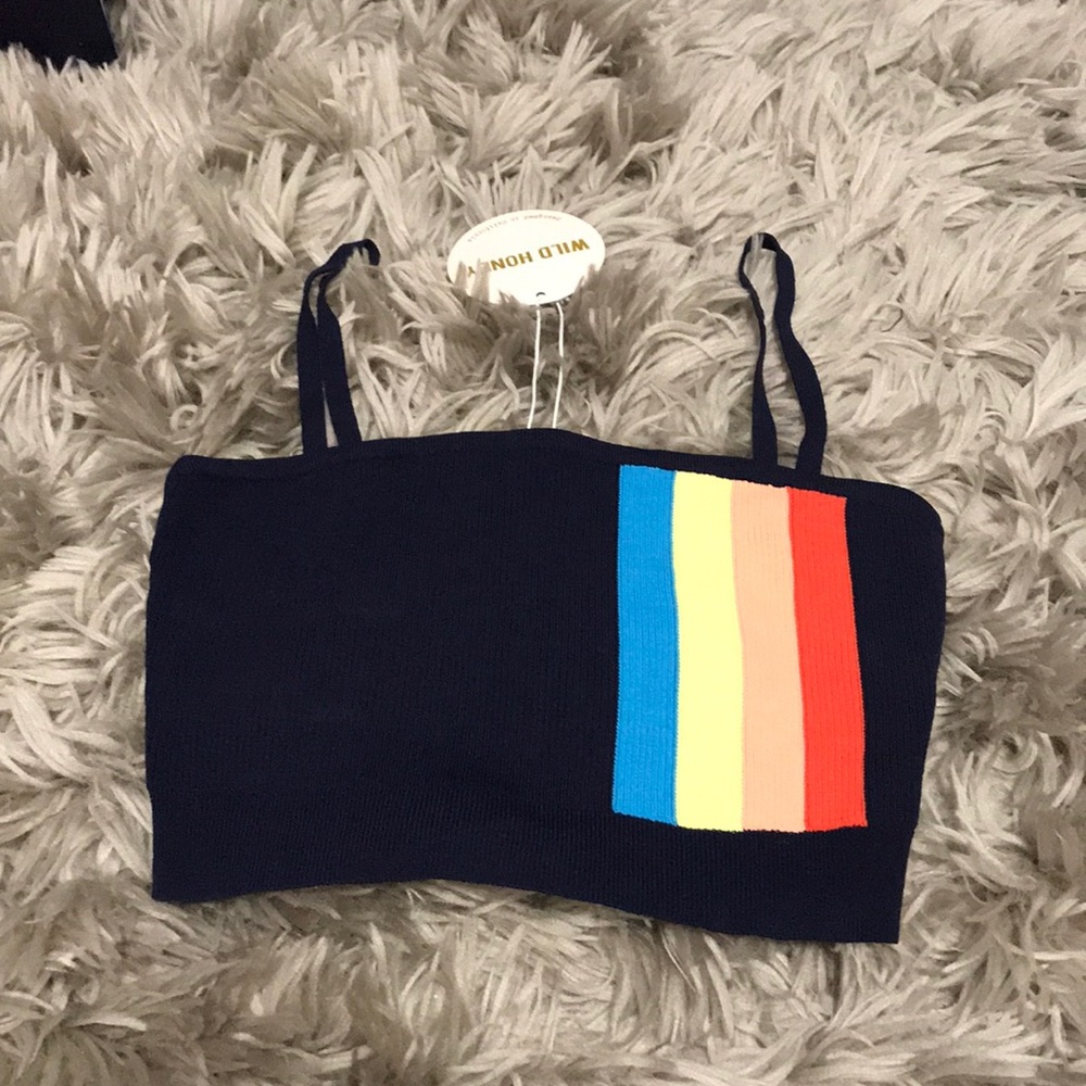 Navy crop top with rainbow stripe